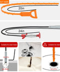 7 In 1 Hair Drain Clog Remover Tool Kit featuring 20in plastic hair grabber and 24in metal auger for bathroom and kitchen sinks.