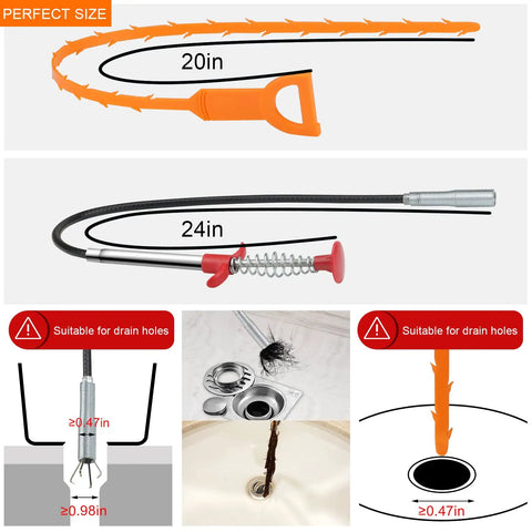 7 In 1 Hair Drain Clog Remover Tool Kit featuring 20in plastic hair grabber and 24in metal auger for bathroom and kitchen sinks.