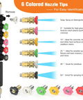 Six colored nozzle tips with spray angles for Eight Foot Pressure Washer Extension Wand For Gutter Cleaning With Six Nozzle Tips And Three Gutter Attachments One Quarter Inch Quick Connect 4000 PSI Heavy Duty Brass And Stainless Steel Build Clean From The Ground.