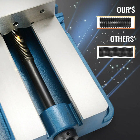 Close-up of Heavy Duty 4 Inch Lock Down Vise for Milling and Drilling with comparison of screw quality.