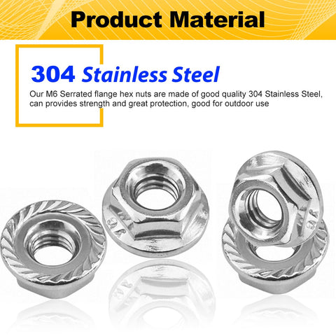 55 Pack M6 Serrated Flange Hex Nuts M6 1 Mm Hexagon Flange Nuts 304 Stainless Steel Metric Fasteners, shown with serrated edges