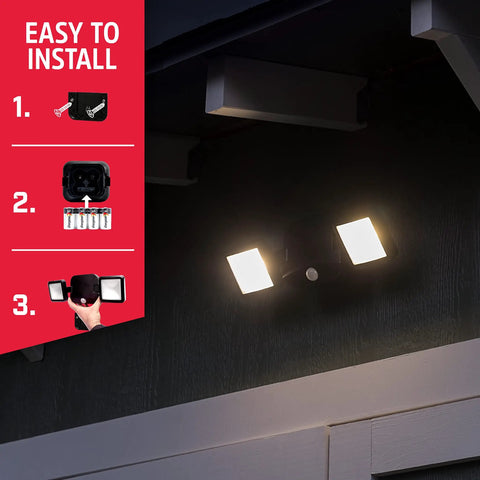 Wireless Battery Operated Outdoor LED Flood Light Two Head Security Spotlight With 800 Lumens No Wiring Required mounted on wall