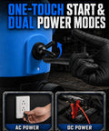 No Sweat Electric Drum Pump For 55 Gallon Barrels With Dual 120V AC And 12V DC Power 5 GPM showing one-touch start and power mode options.