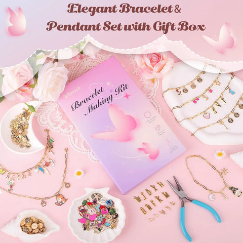Stainless Steel Gold Charm Bracelet Making Kit For Beginners DIY Jewelry Craft Set With Paperclip Chain Bracelets Charms Jump Rings Pliers And Gift Box 417 Pieces All In One displayed with gift box and accessories