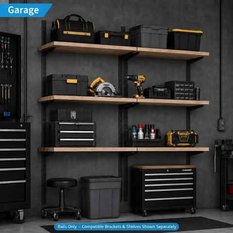Garage setup with Ten Pack 5 Inch Adjustable Wire Shelf Brackets For Beefy Heavy Duty Closet And Wall Shelving System, Double Track, Black.