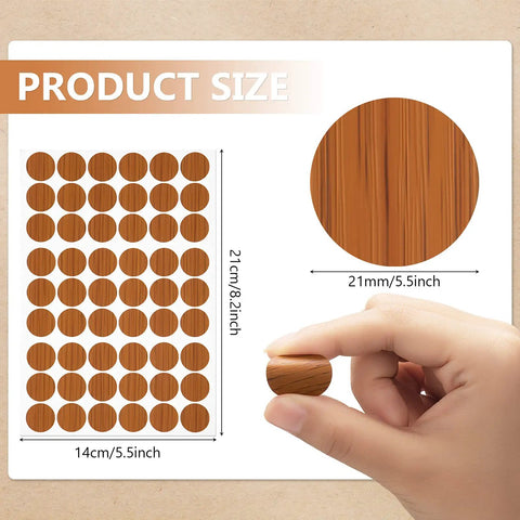 Massive 864 Piece Wood Grain Screw Hole Covers Set 0.83 Inch Waterproof PVC Caps shown with size dimensions