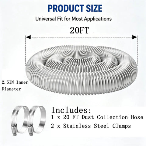 Badass Heavy Duty 2.5 Inch X 20 Foot PVC Dust Collection Hose With Steel Wire Coil Ultra Flexible, shown coiled with clamps.