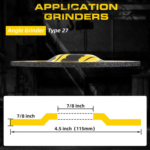 Ten Pack Of Four And A Half Inch Metal Grinding Wheels For Angle Grinders featuring a labeled diagram showing dimensions and type 27.
