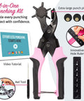 Leather Hole Punch Tool For Belts And Fabric Up To 5mm Thick, pink handle, with extra punch plates and ruler shown in packaging.