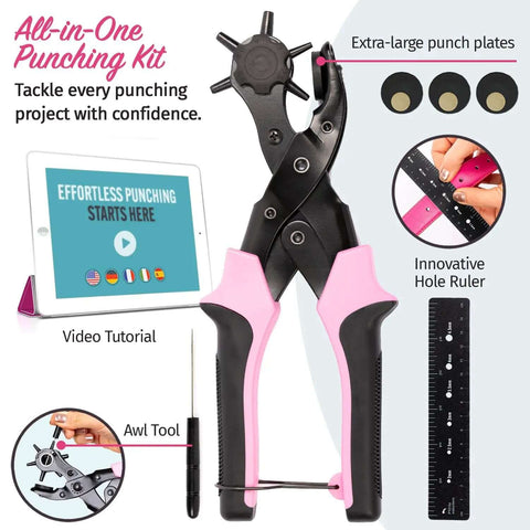 Leather Hole Punch Tool For Belts And Fabric Up To 5mm Thick, pink handle, with extra punch plates and ruler shown in packaging.