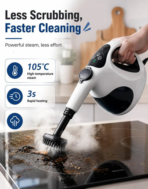 Lightweight Handheld Steam Cleaner With 400Ml Tank And Safety Lock, cleaning burnt residue on stovetop with steam.