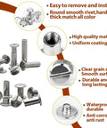 Top Tier 120 Piece Chicago Screws Kit With Six M5 Sizes For Leather And Craft Projects Includes Silver Binding Rivets Fasteners and No Sweat Assembly Pliers for Bags Shoes and Belt Repair A Sweet Combo For Weekend Warriors showing detailed steel rivets.