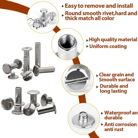 Top Tier 120 Piece Chicago Screws Kit With Six M5 Sizes For Leather And Craft Projects Includes Silver Binding Rivets Fasteners and No Sweat Assembly Pliers for Bags Shoes and Belt Repair A Sweet Combo For Weekend Warriors showing detailed steel rivets.