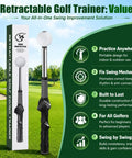 Pop Feedback Retractable Golf Swing Trainer With Click Timing Feedback And Tempo Stick For Right Handed Golfers Grip Trainer For Arm Connection And Indoor Outdoor Practice Ideal Gift For Newbies shown with packaging and features