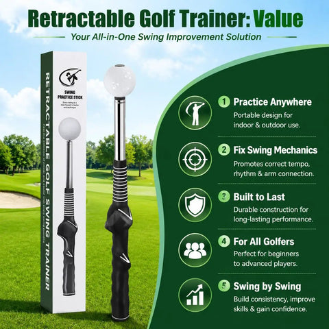 Pop Feedback Retractable Golf Swing Trainer With Click Timing Feedback And Tempo Stick For Right Handed Golfers Grip Trainer For Arm Connection And Indoor Outdoor Practice Ideal Gift For Newbies shown with packaging and features