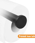 Close-up of matte black stainless steel toilet paper holder with adhesive mount, revealing rust-proof end cap on roll holder.