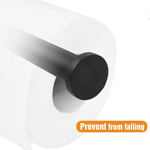 Close-up of matte black stainless steel toilet paper holder with adhesive mount, revealing rust-proof end cap on roll holder.