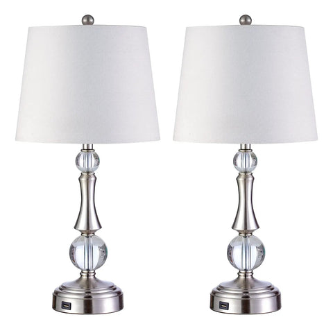 Set Of 2 Touch Control Crystal Table Lamps With USB Port, 3 Way Dimmable Bedside Nightstand Lighting, White Fabric Shade
