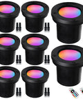 8-pack of 12W RGBW in-ground lights with remotes, showcasing 16 color vibes, waterproof for 12-24V systems, perfect for outdoor paths.