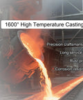 Molten metal pouring at 1600 degrees for high temperature casting process in industrial foundry with rust-proof technology.