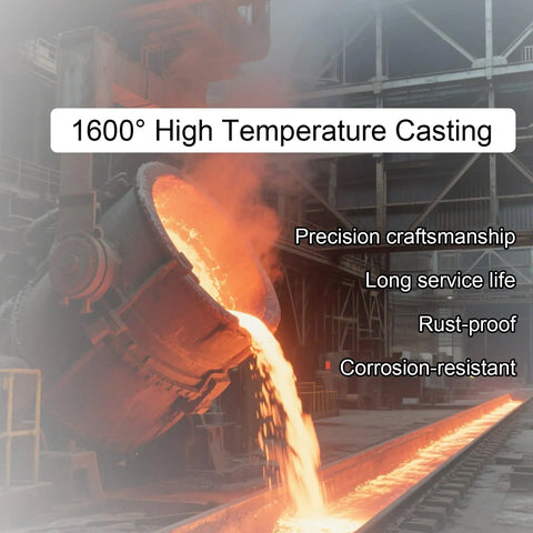 Molten metal pouring at 1600 degrees for high temperature casting process in industrial foundry with rust-proof technology.
