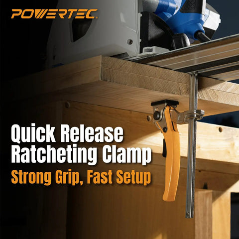 Two Pack Quick Release Ratcheting Table Clamps For MFT And Guide Rail System 7 Inch Opening And 2 And 3 Eighths Inch Throat Depth Heavy Duty Woodworking Clamp Set for MFT table