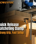Tough As Nails Quick Release Ratcheting Table Clamps 2 Pack For MFT And Guide Rail Systems With 7 Inch Capacity and 2 3 8 Throat Depth shown on a workbench.