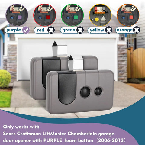 Two Pack Universal Garage Door Remote For 2006 To 2013 Openers With Purple Learn Button Only Security Plus 315 MHz Works With Most 315 MHz Openers From Major Brands Two Remotes Included displayed in front of a garage with a compatibility chart above.
