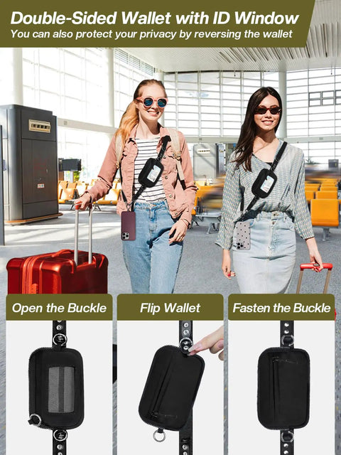 Two women using Clip And Go Phone Lanyard With Wallet Crossbody Strap Detachable RFID Wristlet Wallet With ID Window inside airport.