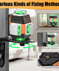 Green Laser Level Self Leveling Kit with 16 Laser Lines on magnetic stand showing various fixing methods