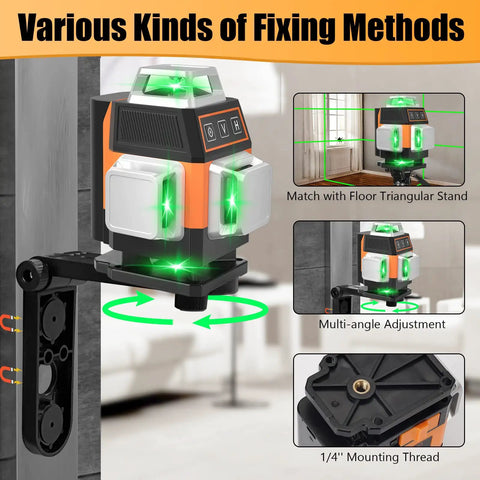 Green Laser Level Self Leveling Kit with 16 Laser Lines on magnetic stand showing various fixing methods
