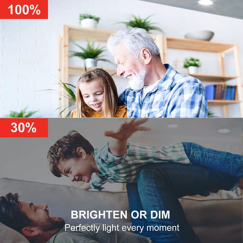 Comparison of Smart BR30 LED Flood Light Bulbs at 100% and 30% brightness in home settings.