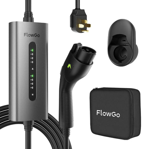 Level 2 Electric Vehicle Charger 40 Amp 9.6 Kw J1772 Connector with plug, wall mount, and carrying bag for fast charging.