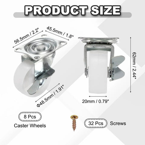 Product size of 1.9 Inch White Caster Wheels Set, 8 Pack, 360 Degree Swivel Casters With Brakes, with screw dimensions