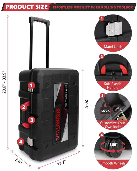 Ultimate 286 Piece Home And Auto Repair Tool Set With Rolling Toolbox showing handles, latches, locks, and wheels, 13.7x8.6in