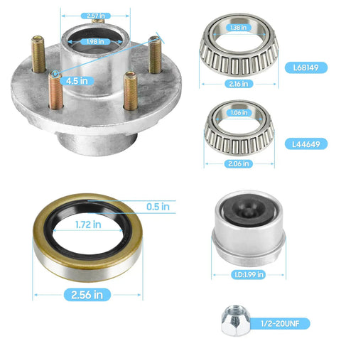 Trailer Wheel Idler Hub Kit 5 Hole 4.5 Inch Bolt Idler Hub For 3500 Lb Trailer Axles Fit One And One Sixteenth Inch To One And Three Eighths Inch Tapered Shaft Heavy Duty Hot Dip Galvanized Set Of Two Not For Straight Shaft components