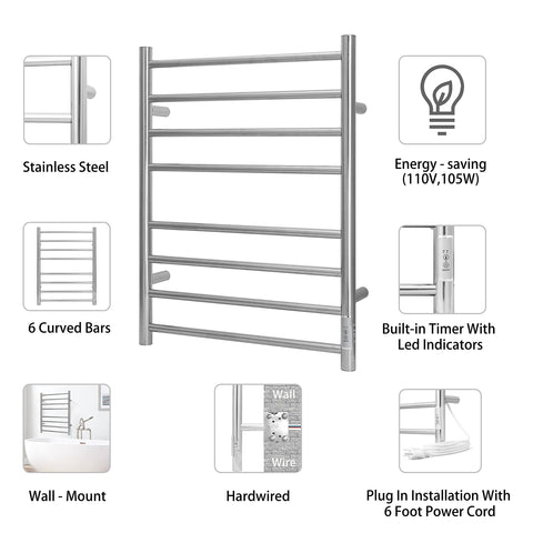 Infographic showing Go To Wall Mounted Towel Warmer With Built In Timer 8 Bar Heated Towel Rack Stainless Steel IP56 Waterproof Chrome Finish
