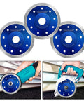 3 Pack Blue 4.5 Inch Diamond Saw Blade Cutting Disc For Porcelain Tile Granite Marble Ceramics shown with angle grinder