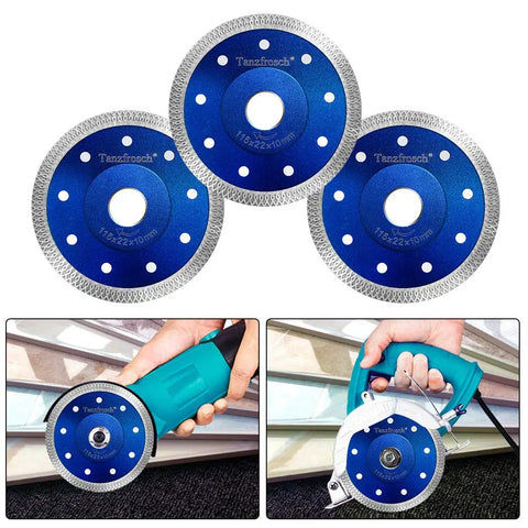 3 Pack Blue 4.5 Inch Diamond Saw Blade Cutting Disc For Porcelain Tile Granite Marble Ceramics shown with angle grinder