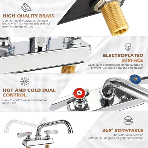 Leak-Free 6-Inch Swivel Bar Sink Faucet With Ceramic Valve Cartridge, 4-Inch Center Deck Mount, features and details illustrated