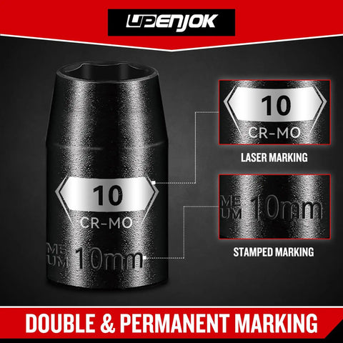 Two Pack Beefy Three Eighths Inch Drive Ten Millimeter Shallow Impact Socket Set with laser and stamped markings, CR-MO steel.
