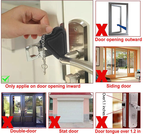 Diagram showing installation of Door Stop Alarm And Hotel Door Lock Dual Protection Security Kit on inward-opening door.