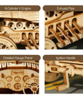 3D Wooden Puzzle Car Kit for Adults No Glue Needed Mechanical Model Vehicle Build Kit Laser Cut Plywood 1 16 Scale Grand Prix Car Brain Teaser Dope Gift for Birthday Christmas showing engine, exhaust, gauge panel, ignition handle.