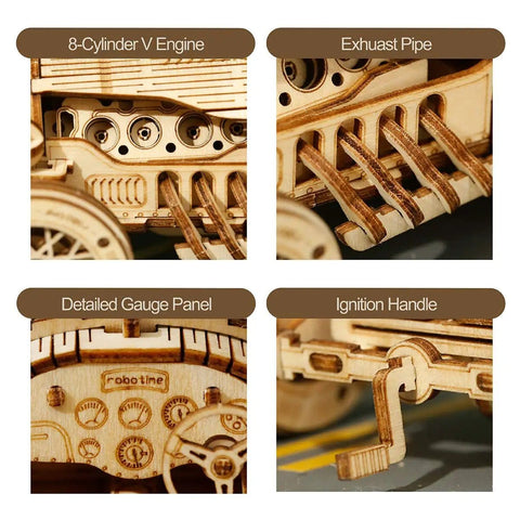 3D Wooden Puzzle Car Kit for Adults No Glue Needed Mechanical Model Vehicle Build Kit Laser Cut Plywood 1 16 Scale Grand Prix Car Brain Teaser Dope Gift for Birthday Christmas showing engine, exhaust, gauge panel, ignition handle.