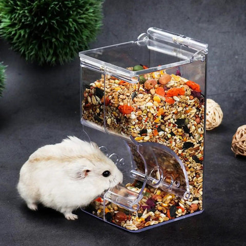 Top Rated Two Piece Automatic Hamster Feeder With Sturdy Wall Mount Brackets And Wide Mouth Design fits standard avian cages, filled with seeds.