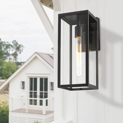 Outdoor Wall Sconce Lights 15 Inch Exterior Lantern With Clear Glass In Black for Porch and Patio mounted on house wall