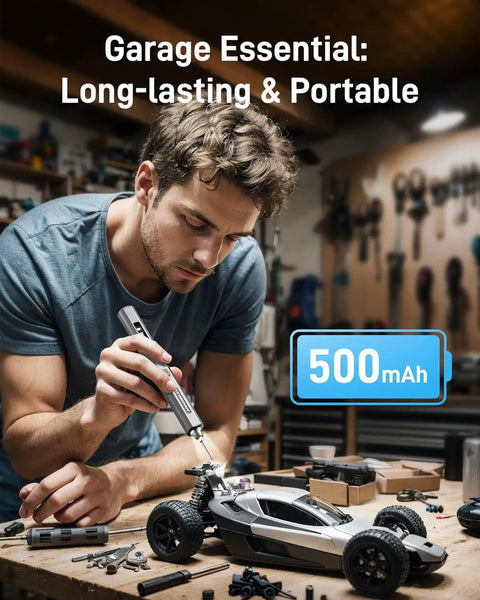 Man using Rechargeable Electric Screwdriver With 32Bit Microprocessor And HD OLED Display For Pinpoint Precision on a model car.