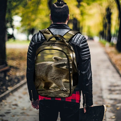 Woodland Raccoon Print Backpack For Everyone With Large Capacity Unisex Everyday Go To Daypack worn by person outdoors