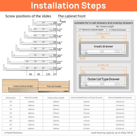 Installation guide for Bottom Mount Soft Close Drawer Slides Full Extension Concealed Rails For Frameless Cabinets, 100 lb load.