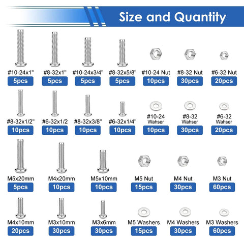 495 Pcs SAE And Metric Nuts And Bolts Kit With 26 Sizes M3 M4 M5 To 10 To 24 Pan Head Fasteners And Washers Size Chart